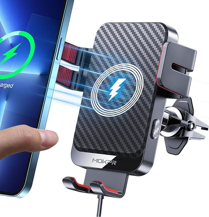 Wireless Car Charger, MOKPR 15W Fast Charging Auto-Clamping Phone Mount Air Vent Cell Phone Holder Compatible with iPhone 16 15/14/13/13 Pro/12 pro/12, for Samsung Galaxy S23/S22/S21/S20, Red