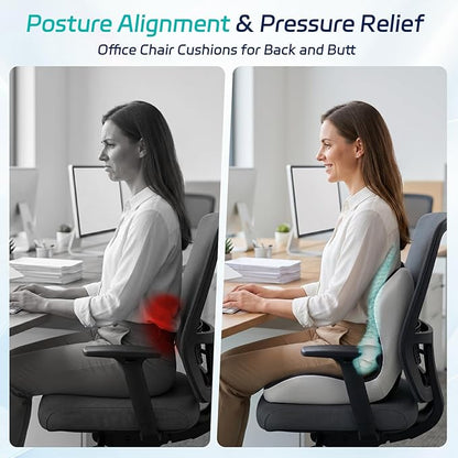 Back and Seat Cushion for Office, Back & Tailbone Pain Relief, Raised Cushion for Lumbar and Butt, Double-Sided Anti-Slip, Improves Sitting Posture, Ergonomic Memory Foam Lumbar Cushion