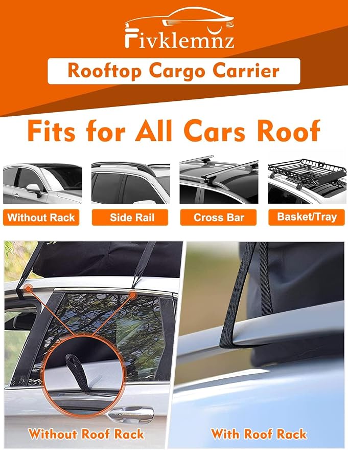 FIVKLEMNZ Rooftop Cargo Carrier - 15 Cubic Waterproof Roof Top Cargo Bag for All Cars SUVs with/Without Rack, Heavy Duty 840D Car Roof Bag with Anti-Slip Mat, 8 Reinforced Straps, 6 Door Hooks & Lock