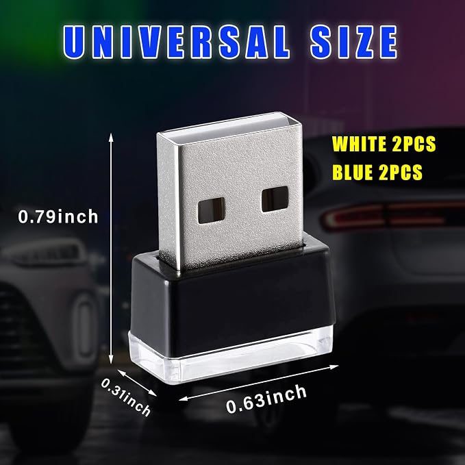 Augeny 4 PCS USB LED Car Interior Atmosphere Lamp, Plug-in USB Decor Night Light, Portable Auto Ambient Lighting Kit, Universal Vehicle Interior Accessories for Most Cars (White & Blue)