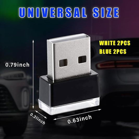 Augeny 4 PCS USB LED Car Interior Atmosphere Lamp, Plug-in USB Decor Night Light, Portable Auto Ambient Lighting Kit, Universal Vehicle Interior Accessories for Most Cars (White & Blue)