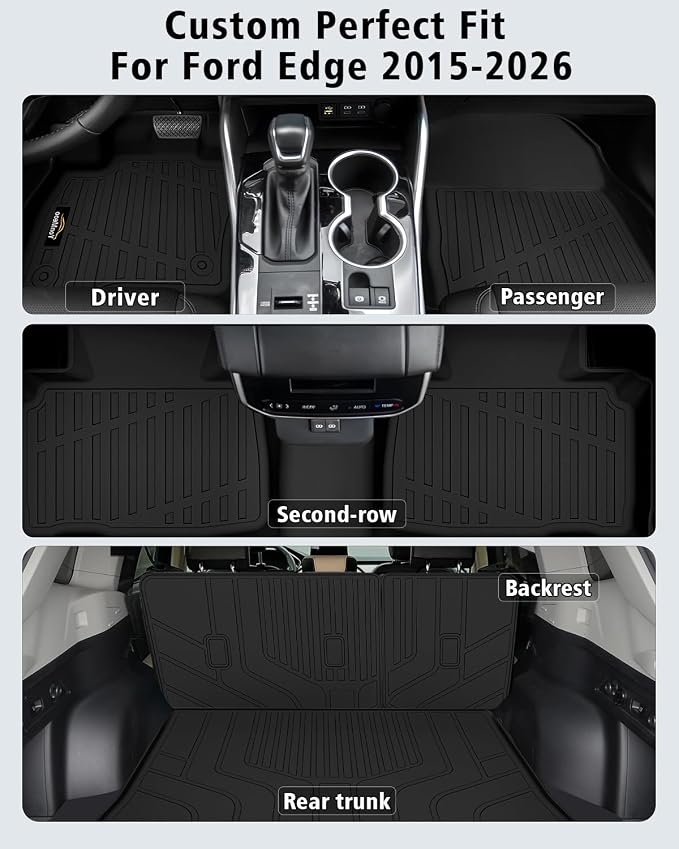 Floor Mats Custom for Ford Edge 2015-2024 2025 2026 ST Titanium SE SEL Sport Trunk Mat with Backrest Mat All Weather TPE Full Set Liners Cargo Protector & Door Sill Guards for Edge 2025 Accessories