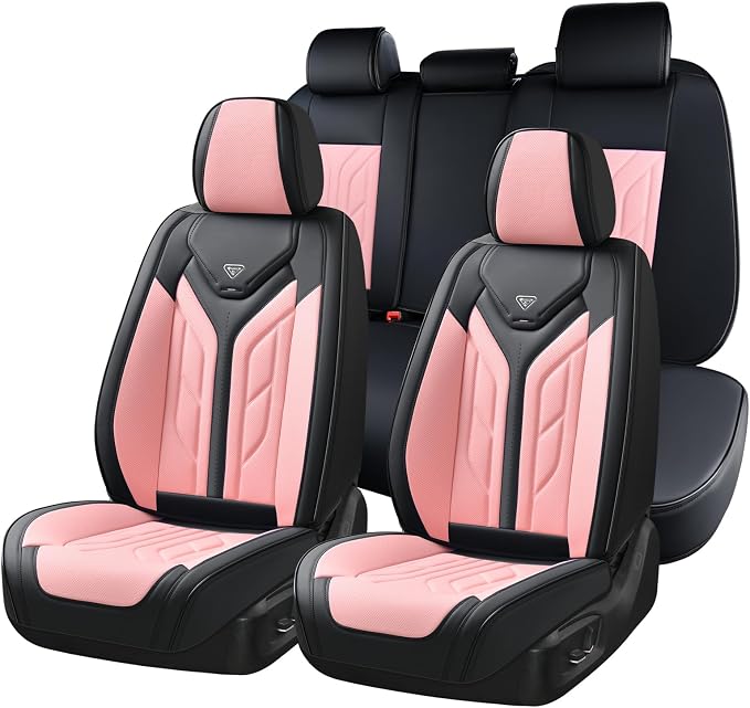 Coverado Car Seat Covers Full Set, Car Seat Protectors Leather Seat Covers for Cars, Automotive Seat Covers Car Accessories Universal Fit for Most Sedans SUV Pick-up Truck(Black&Pink)