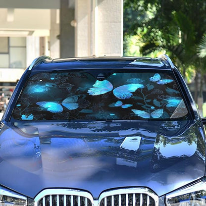 Windshield Sun Shade Blue Glowing Butterfly Dark Front Window Block UV Shades Visor Reflective Retractable for Car SUV Trucks