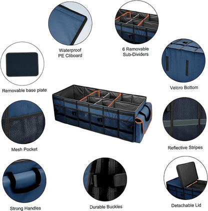 GDNasist Car Trunk Organizer and Storage with Removable Leakproof Cooler Bag, 6 Removable Dividers for Custom Space, Collapsible Trunk Storage with Non Slip Bottom, Foldable Cover for SUV, Jeep, MPVs