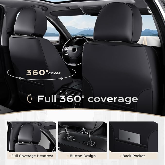 Coverado Car Seat Covers Full Set, Front Seat Covers with Lumbar Support and Back Seat Cover Waterproof Leather Automotive Seat Cover, Universal Car Interior Protectors Cushion for Most Cars