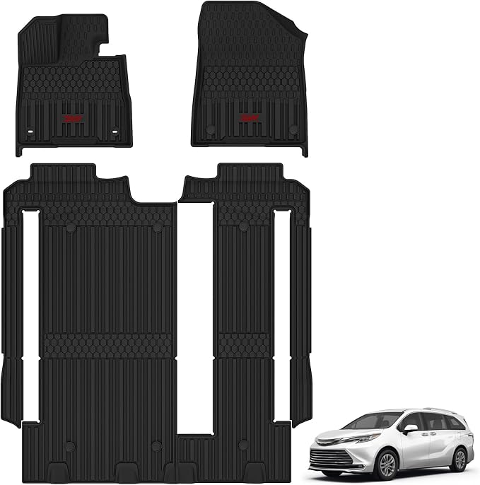 3W Floor Mats for Toyota Sienna 2021-2026 LE/XLE (Only for 8 Seat), TPE All Weather Custom Fit Floor Liner for Sienna Accessories 1st, 2nd and 3rd Row with Red Accent