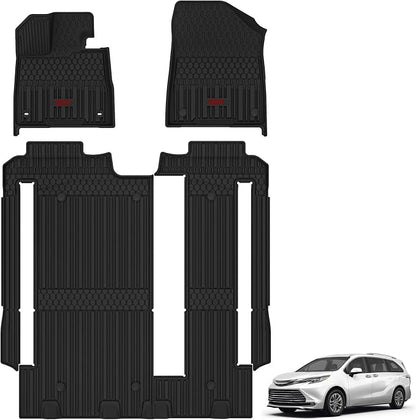 3W Floor Mats for Toyota Sienna 2021-2026 LE/XLE (Only for 8 Seat), TPE All Weather Custom Fit Floor Liner for Sienna Accessories 1st, 2nd and 3rd Row with Red Accent