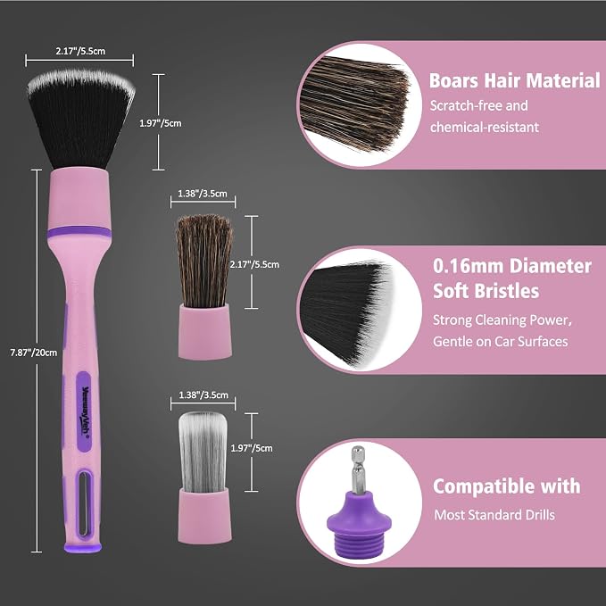 3Pcs Car Detailing Drill Brush Set with Drill Brush Attachment Head, 1P Ultra Soft No Scratch Car Drill Brush for Air Vent Leather Seat, 1P Boars Hair & 1P Detailing Brushes for Interior Exterior,Pink
