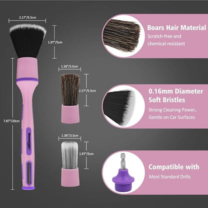 3Pcs Car Detailing Drill Brush Set with Drill Brush Attachment Head, 1P Ultra Soft No Scratch Car Drill Brush for Air Vent Leather Seat, 1P Boars Hair & 1P Detailing Brushes for Interior Exterior,Pink