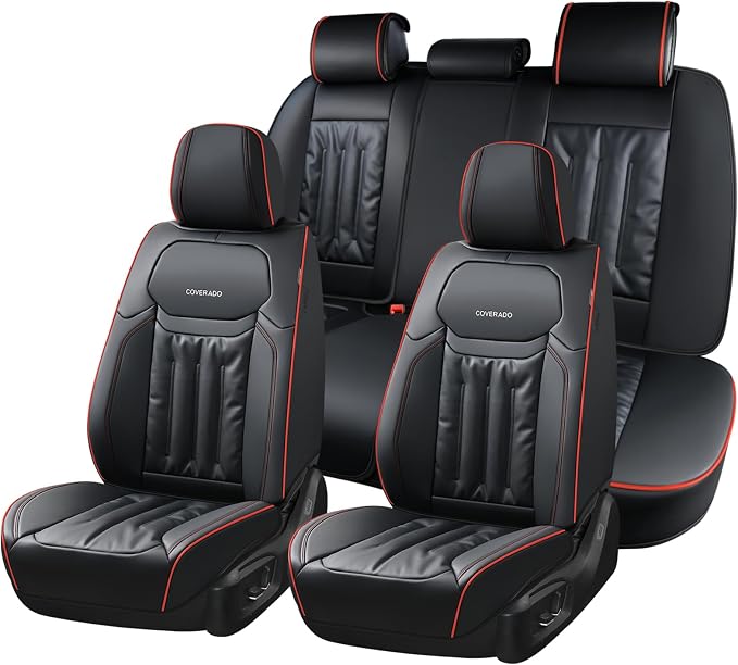 Coverado Car Seat Covers, Full Set Seat Covers for Cars 5 Seats, Car Seat Protector, Waterproof Nappa Leather Car Seat Cushion, Universal Fit for Most Cars, Black&Red Line