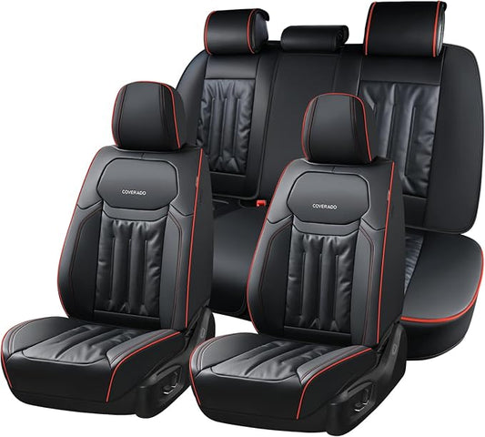 Coverado Car Seat Covers, Full Set Seat Covers for Cars 5 Seats, Car Seat Protector, Waterproof Nappa Leather Car Seat Cushion, Universal Fit for Most Cars, Black&Red Line