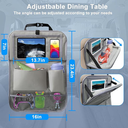 2Pack Car Backseat Organizer with Foldable Table Tray,6 Storage Pockets Car Storage Organizer with Tablet Holder,Car Seat Back Protectors Kick Mats Travel Accessories (Grey)