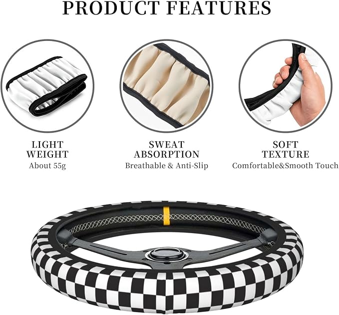 Black and White Checkered Steering Wheel Cover for Women, Universal Auto Steering Wheel 14-15 Inch Car Interior Accessories with 2PCS Car Coasters, Suitable for Men and Women