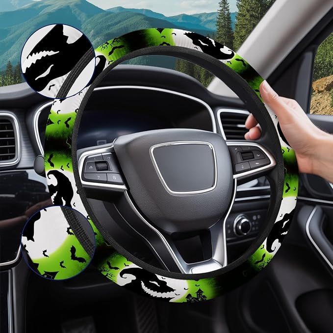 GENANY Green Horror Sack Steering Wheel Cover, Non Slip Polyester Car Wheel Protector for Car SUV Truck, Universal 15 Inch
