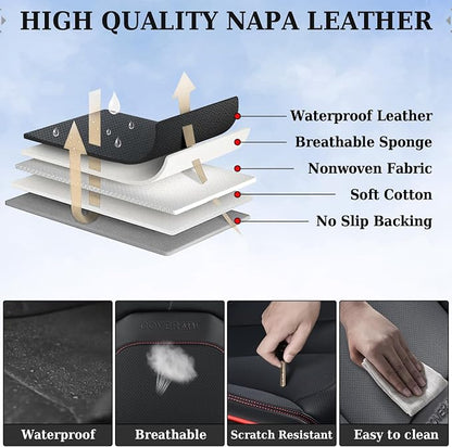 Coverado Car Seat Covers Full Set, Premium Nappa Leather Seat Covers for Car, Waterproof Car Seat Protector with Lumbar Support, Car Seat Cover Universal Fit for Most Cars SUV Truck(Black&Red)