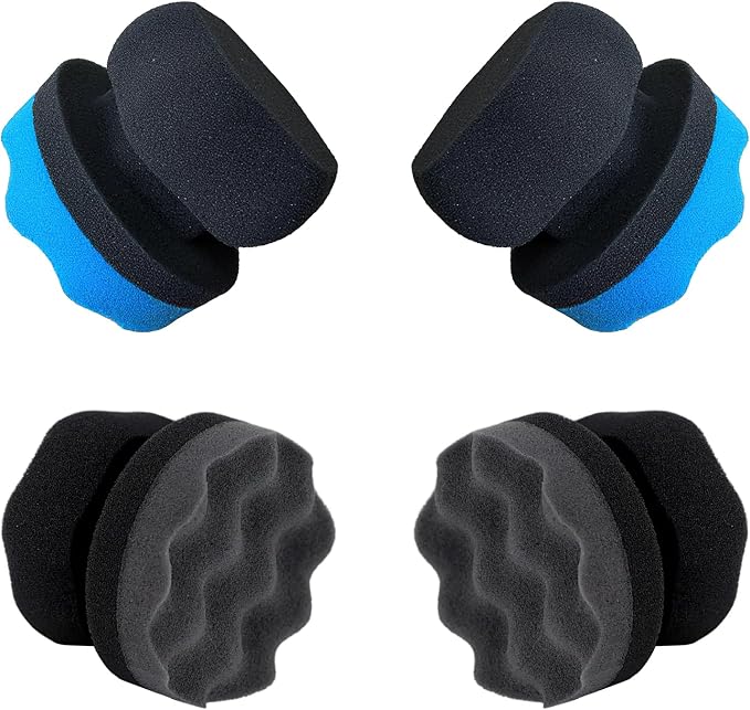 4 Pcs Tire Shine Applicator Pads, Tire Dressing Applicator, Reusable Tire Shine Sponge Wave Contoured for Car Detailing, 3.15inch (2 Blue & 2 Black)