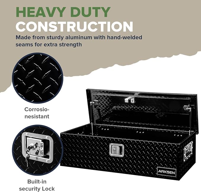 ARKSEN 39 x 13 x 10 Inch Diamond Plate Truck Bed Tool Box, Heavy Duty Waterproof Aluminum Toolboxes Storage Chest with Side Handle & Lock for Pickup Truck Bed, RV & Trailer – Black