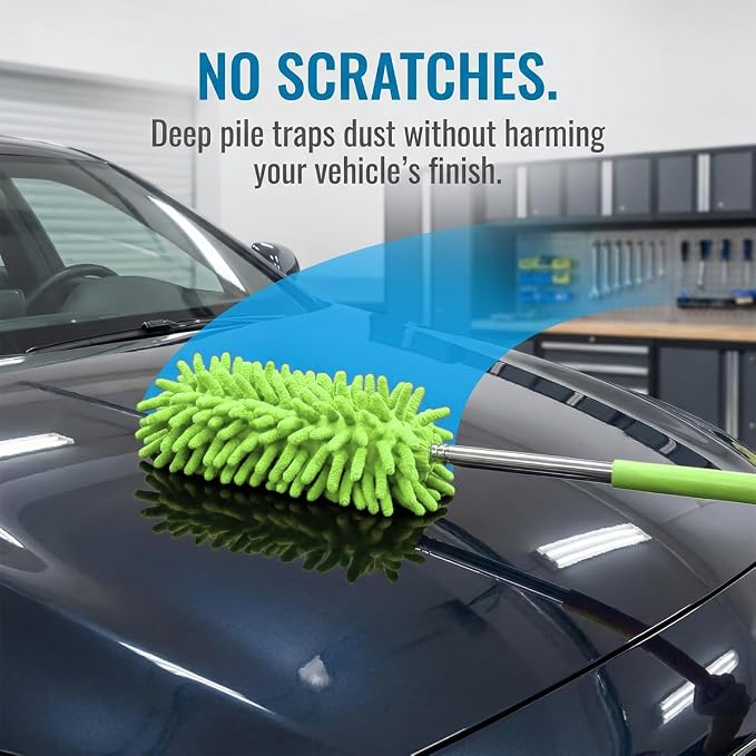2PCS Car Interior Duster with Extension Pole, 9.45" to 28.35" Microfiber Soft Vehicle Dash Dusting Detailing Wash Brushes, Automotive Dash Cleaning Tool, Universal for SUV RV Truck (Green)