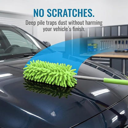 2PCS Car Interior Duster with Extension Pole, 9.45" to 28.35" Microfiber Soft Vehicle Dash Dusting Detailing Wash Brushes, Automotive Dash Cleaning Tool, Universal for SUV RV Truck (Green)