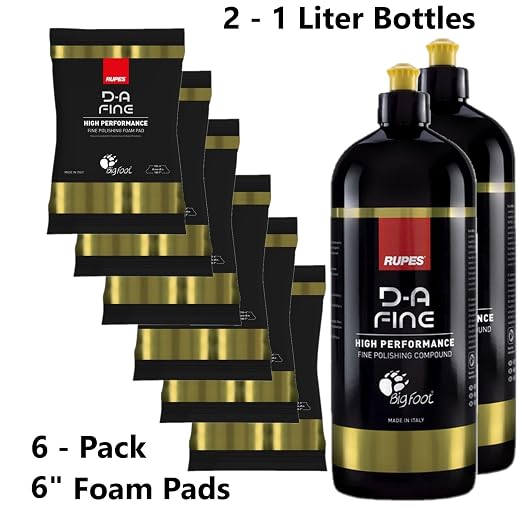Rupes D-A-Fine Series Two 1-Liter Bottles Polishing Compound & Six Count 6" Finishing Foam Pads - Super Easy Wipe Off, Defect Removal, Blend Enhance Finishing Ability