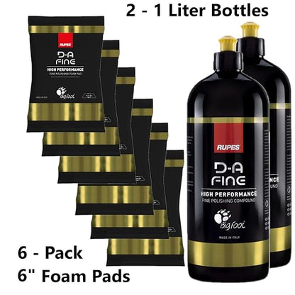 Rupes D-A-Fine Series Two 1-Liter Bottles Polishing Compound & Six Count 6" Finishing Foam Pads - Super Easy Wipe Off, Defect Removal, Blend Enhance Finishing Ability