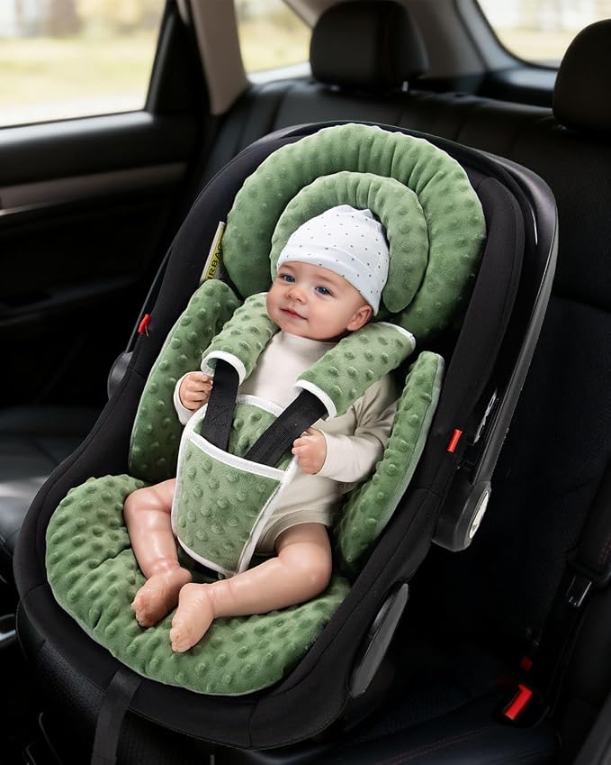 TinlyFinly Infant Car Seat Insert with Extra Cushion for Preemie to Toddler, Reversible Newborn Carseat Insert for Baby Head Body Support, Fits for Stroller, Baby Swing, Bouncer - Dots, Dark Green