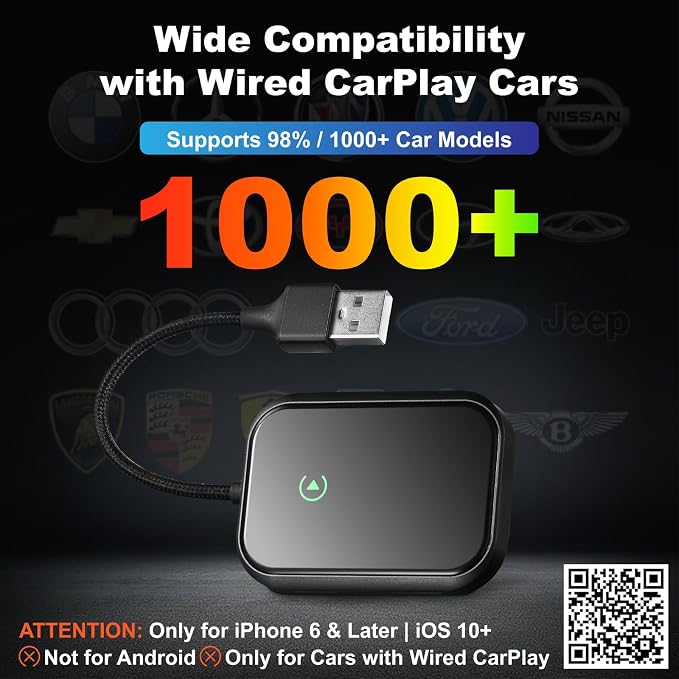Wireless CarPlay Adapter for iPhone, Apple CarPlay Wireless Adapter USB-C, Bluetooth Connection, Auto-Switch for Multiple iPhones, Fast & Stable, iOS 10+ (Stealth Black)