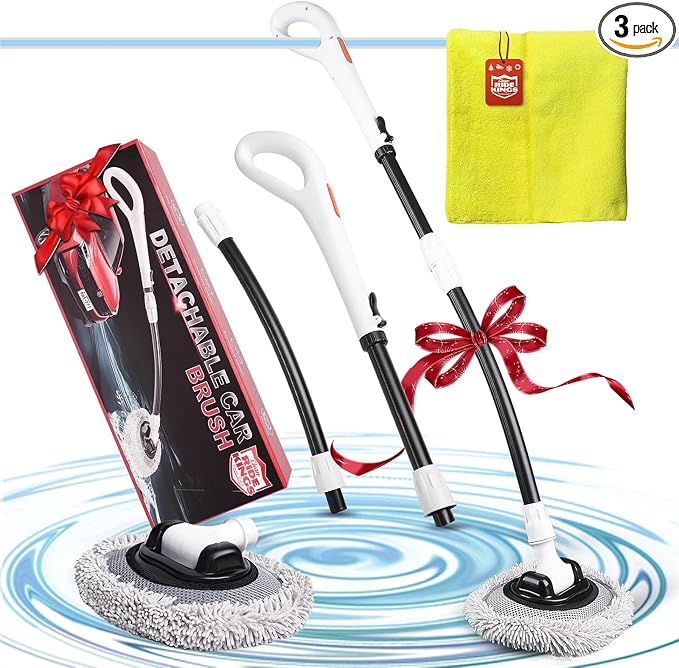 Car Wash Brush with Long Handle, Chenille Microfiber Car Wash Mop Kit, Scratch Free Car Cleaning Supplies with Ergonomic 15掳 Curved Extension Pole for RV Truck Boat Windshield - White