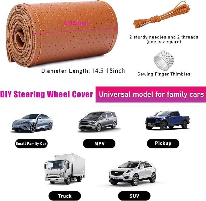 Ziciner Genuine Leather Steering Wheel Cover, Stitch on Wrap, Breathable Anti-Slip Car Steering Wheel Protector for Max Diameter 15 Inch, DIY Sewing with Needles Thread (Brown, Hole)