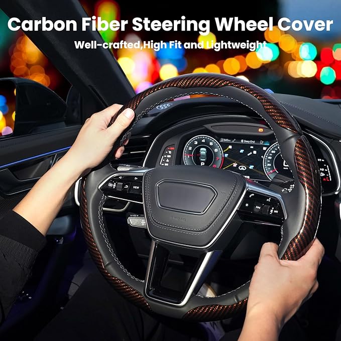 Hiseanllo Carbon Fiber Steering Wheel Cover 3PCS Set – Anti-Slip, Scratch-Resistant, Universal Fit for 14–16 Inch Wheels – Interior Car Accessories for Cars, SUVs, Trucks (Brown)