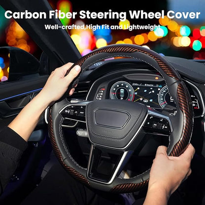 Hiseanllo Carbon Fiber Steering Wheel Cover 3PCS Set – Anti-Slip, Scratch-Resistant, Universal Fit for 14–16 Inch Wheels – Interior Car Accessories for Cars, SUVs, Trucks (Brown)