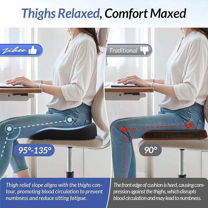 ZIKEE Ergonomic Seat Cushion with Thigh Slope for Long Sitting, Memory Foam Office Chair Cushion for Car, Home, U-Shaped Design Relieves Hip, Tailbone Pain, Non-Slip Sciatica Pain Relief Pillow
