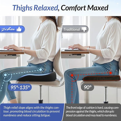 ZIKEE Ergonomic Seat Cushion with Thigh Slope for Long Sitting, Memory Foam Office Chair Cushion for Car, Home, U-Shaped Design Relieves Hip, Tailbone Pain, Non-Slip Sciatica Pain Relief Pillow