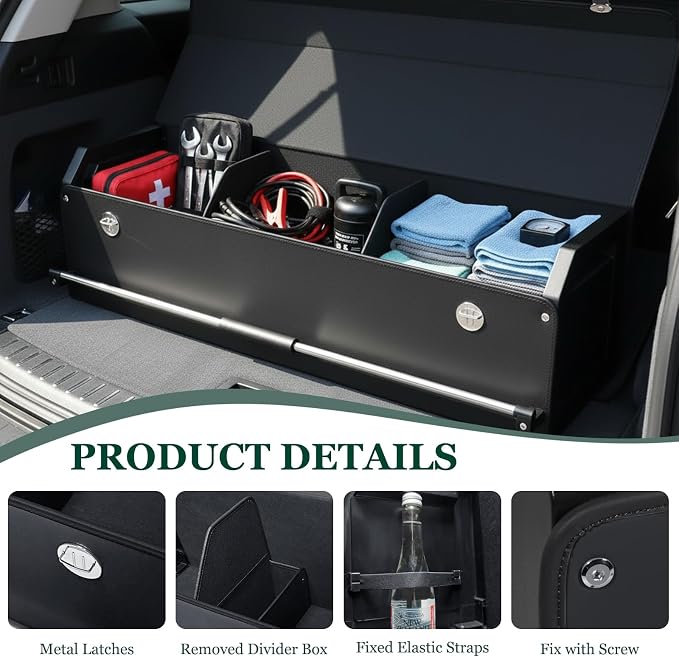 Car Trunk Organizer, Leather Car Trunk Storage Organizer with Lid and Sturdy Handle Car Organizer Storage Box Suv Trunk Organizer (Black, 40.5 x 11.4 x 12.2in)