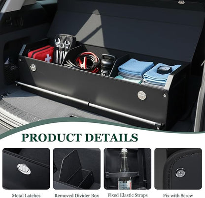 Car Trunk Organizer, Leather Car Trunk Storage Organizer with Lid and Sturdy Handle Car Organizer Storage Box Suv Trunk Organizer (Black, 40.5 x 11.4 x 12.2in)
