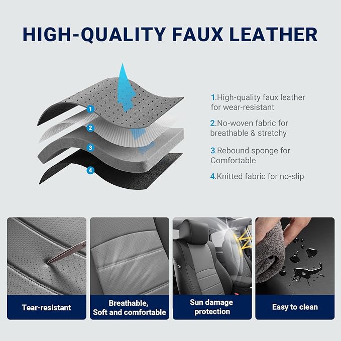 Custom for Honda Accord Seat Covers 2018 2019 2020 2021 2022 EX-L, Touring, Sport, EX, Hybrid, Faux Leather Car Seats Cover Full Set (Rear Row W/40/60 Split Backrest) - Black Grey