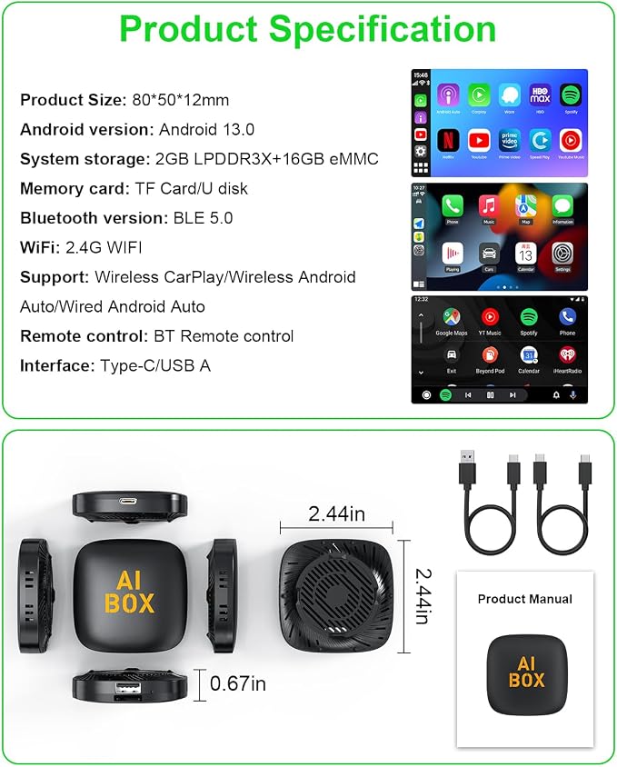 5 in 1 Wireless CarPlay Adapter and Android Auto Adapter Support Netflix/YouTube - CarPlay Ai Box Convert CarPlay Dongle TF Card/U Disk Magic Link for OEM Wired CarPlay/Android Auto Cars
