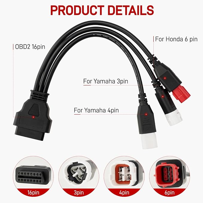 3-in-1 OBD2 Diagnostic Adapter for Yamaha Kline Euro5 Motorcycle Honda CRF KTM,3pin+4pin+6pin to 16pin Multiple Select Diagnostic Connector (12.99inch)