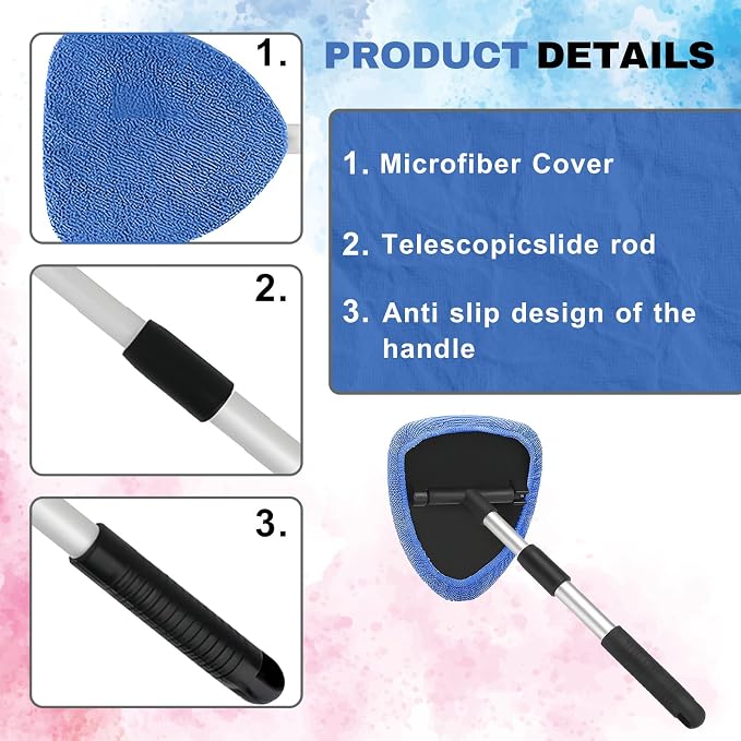 Windshield Cleaning Tool, Car Window Cleaner with Extendable Handle, 4 Microfiber Pads and Spray Bottle, Auto Interior Exterior Glass Wiper Cleaning Kit Universal for RV, SUV, Truck (Blue)