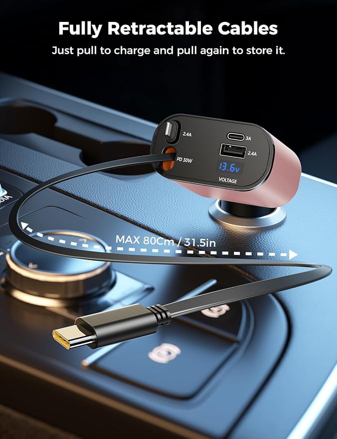 SUPERONE 【Upgraded】 Retractable Car Charger 4 in 1, Fast Car Phone Charger with Cord 2.6ft, USB C Car Charger Adapter, Compatible with iPhone 17/16/15/15 Pro Max/14/13/12/11, Galaxy, Pixel