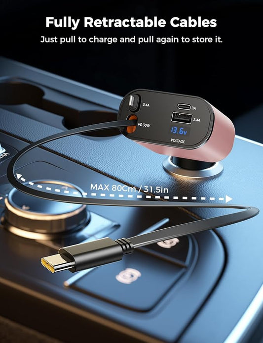 SUPERONE 【Upgraded】 Retractable Car Charger 4 in 1, Fast Car Phone Charger with Cord 2.6ft, USB C Car Charger Adapter, Compatible with iPhone 17/16/15/15 Pro Max/14/13/12/11, Galaxy, Pixel