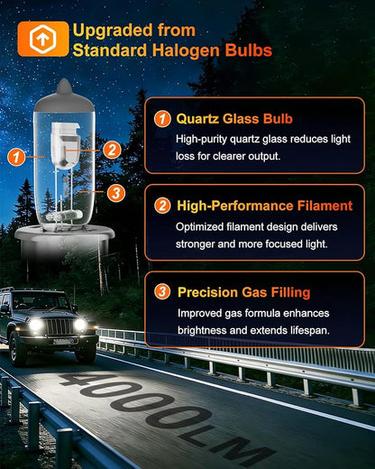 9003/H4 Halogen Headlight Bulb, 12V 55W Head Lamps, 4000 Lumens, 3800K，H4 Head Light Bulbs for Car, High and Low Beam，Automotive Light Bulbs，Pack of 2