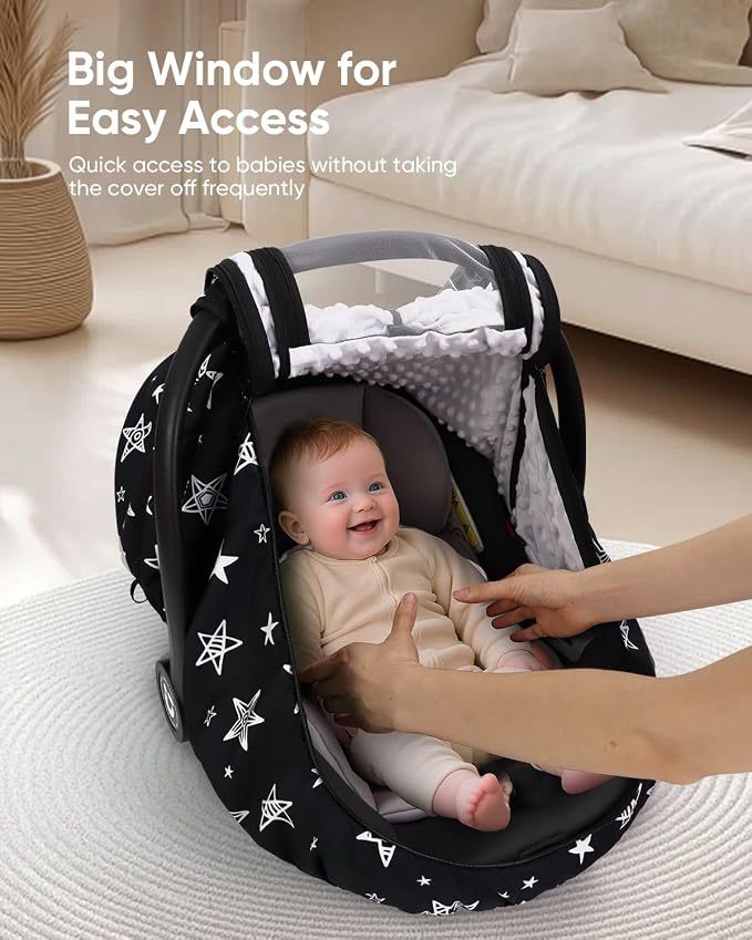 Car Seat Cover Baby Boy, Infant Car Seat Canopy Outdoor, 2 Layers with Mesh and Sun Shade Window for Summer Winter, Easy Access Carseat Covers Snug Fit Baby Stroller - Black Star