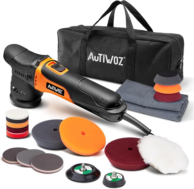 AUTIWOZ Carbon Fiber Mini Car Buffer Polisher, 630W Copper Motor 12mm Orbit, 2&3Inch Dual Action Polisher for Car Detailing, 2500-7000RPM with Soft Start, 3M Corded Auto Electric Polishing Machine