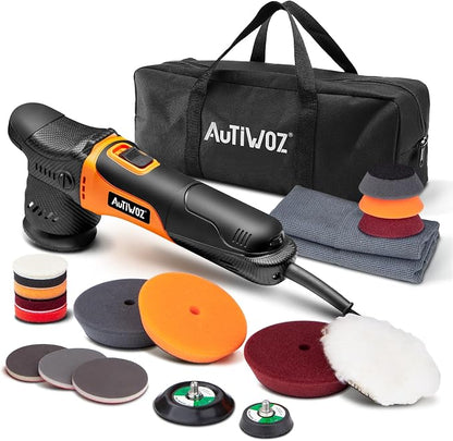 AUTIWOZ Carbon Fiber Mini Car Buffer Polisher, 630W Copper Motor 12mm Orbit, 2&3Inch Dual Action Polisher for Car Detailing, 2500-7000RPM with Soft Start, 3M Corded Auto Electric Polishing Machine