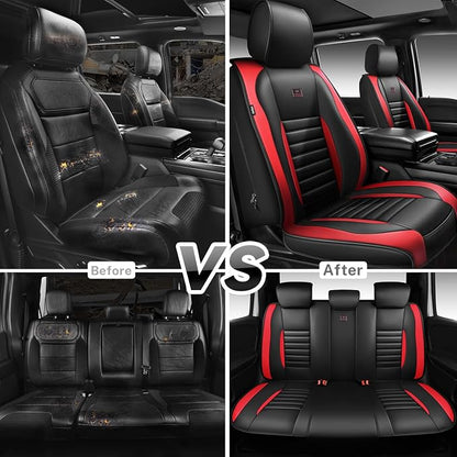 CAR PASS Nappa Leather Car Seat Covers Full Set, Luxury Seat Protector for Cars, Waterproof Anti-Slip Seat Cushion Armrest Compatible Airbag Universal for Sedan SUV Pick-up Truck Auto, Black Red