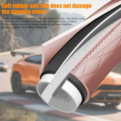 Zpana Car Steering Wheel Cover, 14.5-15" Breathable Soft Leather Vehicle Steering Wheel Protector with Anti-Slip Lining, Comfortable Auto Interior Decoration Accessories, Universal Fit (Pink)
