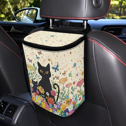 Cat Butterfly Colorful Daisy Pattern Car Trash Can with Lid and Zipper Portable Foldable Trash Bin for Car Interior Accessories Multipurpose Garbage Can Bags Storage Organizer