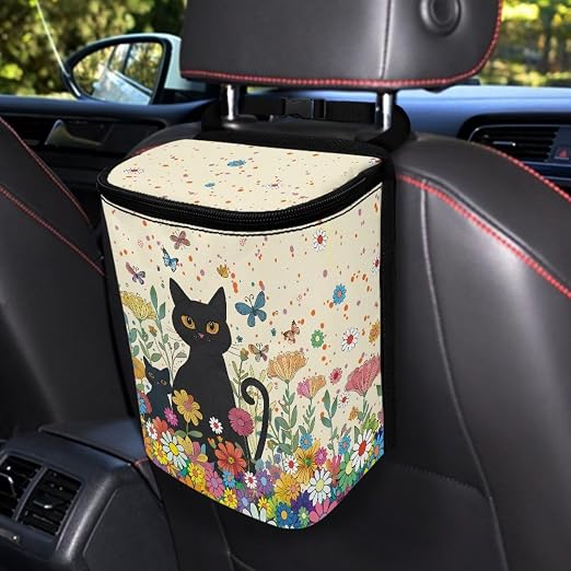 Cat Butterfly Colorful Daisy Pattern Car Trash Can with Lid and Zipper Portable Foldable Trash Bin for Car Interior Accessories Multipurpose Garbage Can Bags Storage Organizer